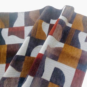 Midcentury Modern Color Block Chenille Velvet Upholstery Fabric for Chair Furniture, Geometric Heavy Jaquard Fabric