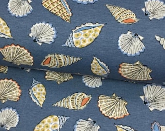 Blue Nautical Cotton Canvas Fabric, Water Repellent Seashell Material, By Yard
