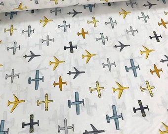 Airplanes Cotton Fabric, 94" Wide Poplin, Aircrafts Fabric By The Yard, Boys' Fabric for Bed Linens Duvet Covers Pillows Apparel