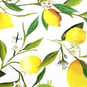 K&ouml;nnte beinhalten: Ein wei&szlig;er Hintergrund mit einem sich wiederholenden Muster aus gelben Zitronen, gr&uuml;nen Bl&auml;ttern und wei&szlig;en Bl&uuml;ten. Die Zitronen haben einen Farbverlauf von Gelb und Braun. Am unteren Rand des Bildes befindet sich ein Lineal.