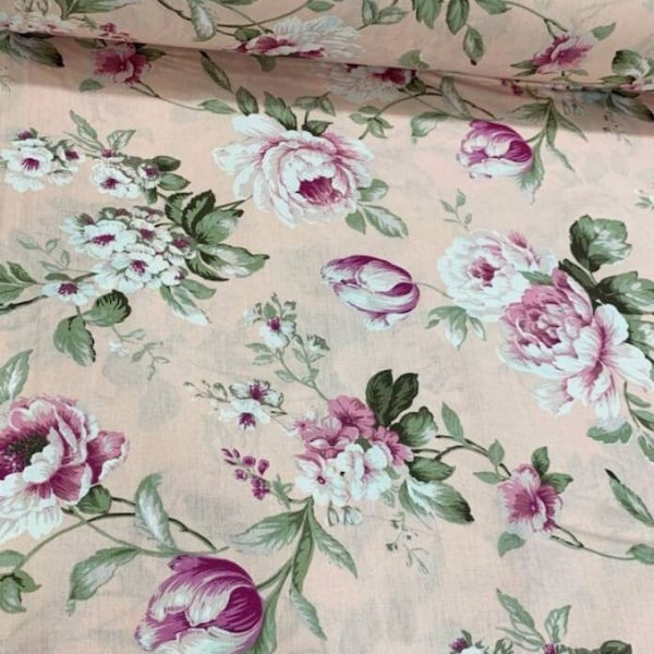 Shabby Chic 100% Cotton Fabric by The Yard, Roses Farmhouse Cottage Floral Fabric, 94" Wide Poplin Boho Fabric