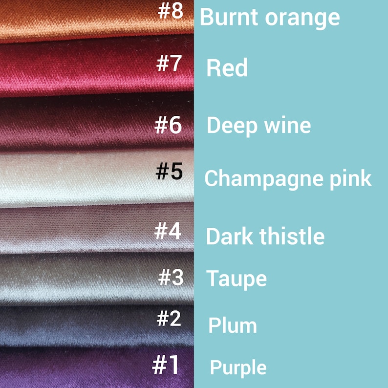 May include: Eight fabric swatches in different colors, numbered 1 through 8. The colors are purple, plum, taupe, dark thistle, champagne pink, deep wine, red, and burnt orange.