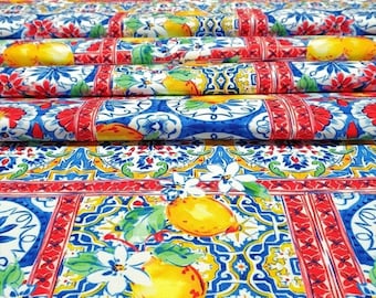 Lemon Majolica Tile Upholstery Fabric, Citrus Kitchen Material
