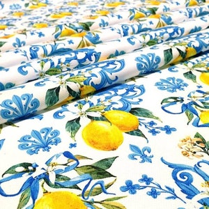 Lemon Upholstery Fabric by The Yard, Citrus Fruit Kitchen Fabric for Curtain Cushion Tablecloth  Placemat, Blue Yellow Summer Fabric