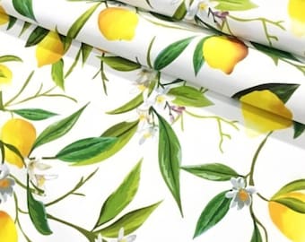 Lemon Print Fabric, White Citrus Upholstery, 100% Microfiber PES