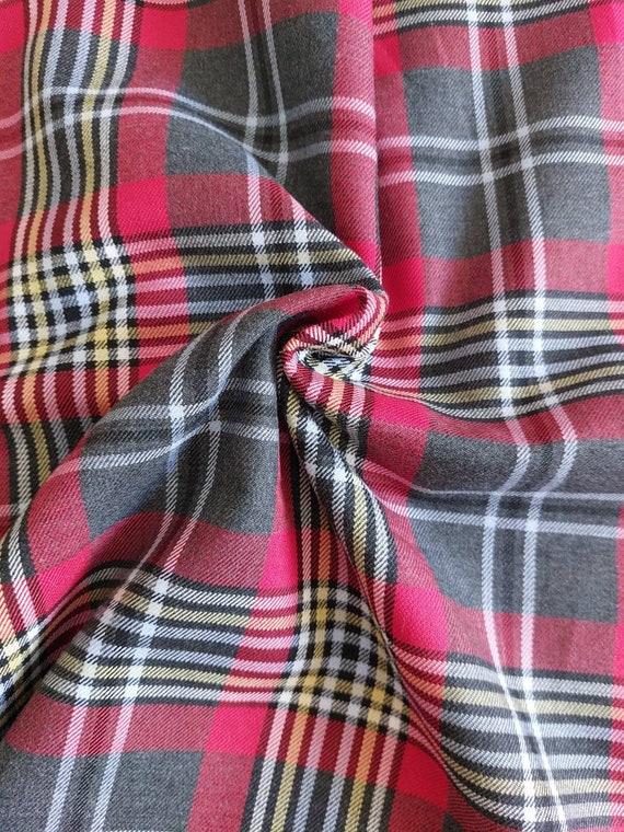 Red Gray Yellow Plaid Fabric by the Yard Gabardine Fabric for