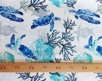Sea Turtle Fabric, Coastal Boho Upholstery Fabric, Nautical Marine Print