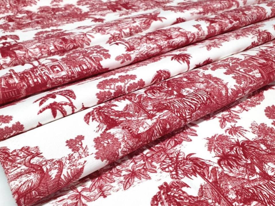  Living Coral Toile de Jouy Fabric, French Vintage