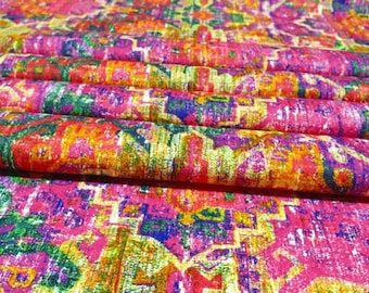 Fuchsia Upholstery Fabric, Distressed Tribal Rug Pattern, 5 Yards