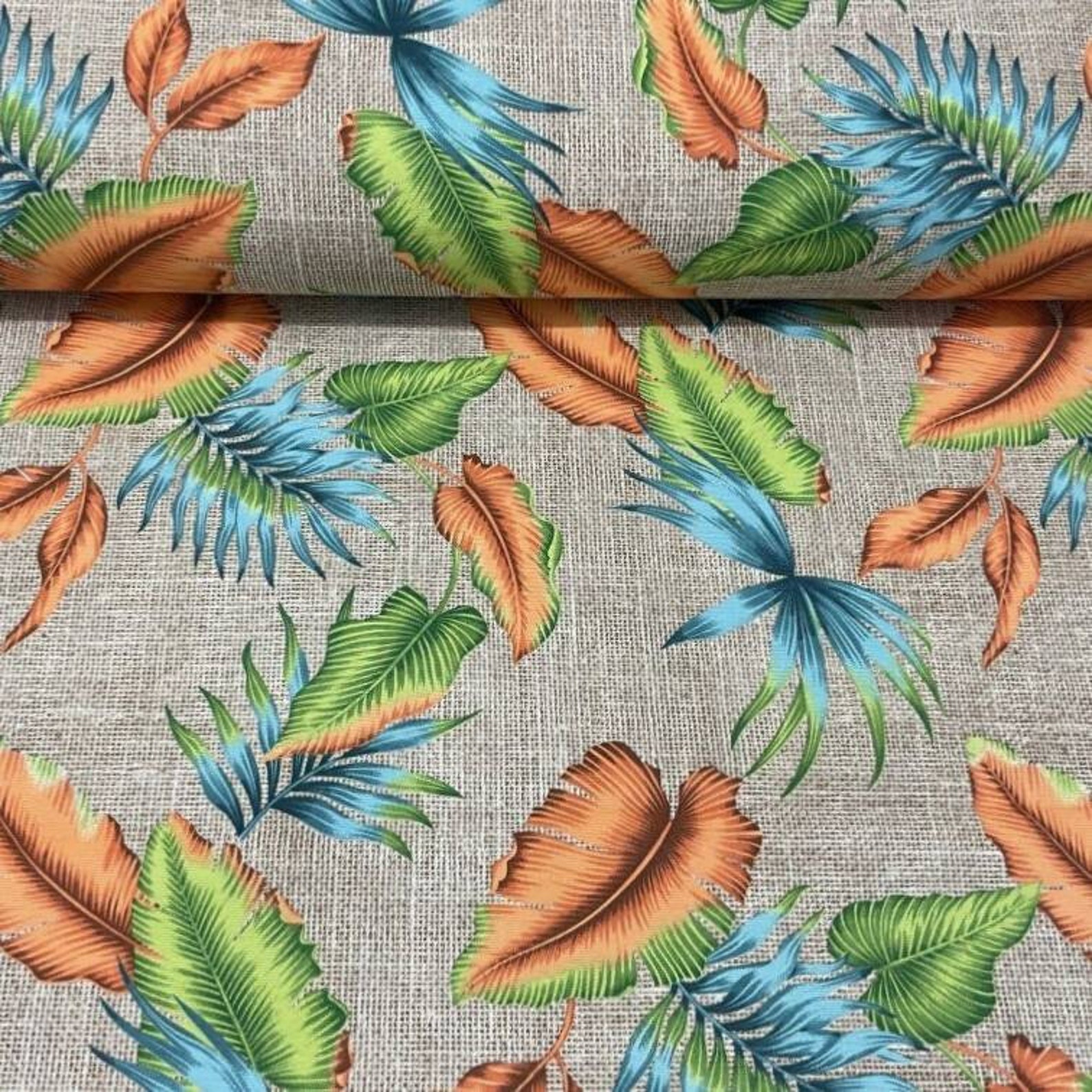 Tropical Leaves Fabric by the Yard Jute Look Fabric Etsy