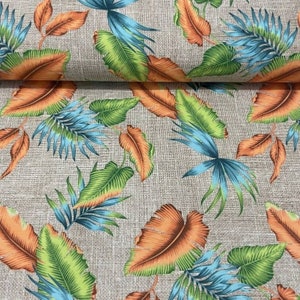Tropical Leaves Upholstery Fabric By The Yard, Jute Look Botanical Hawaiian Exotic Fabric, Burlap Print Summer Fabric