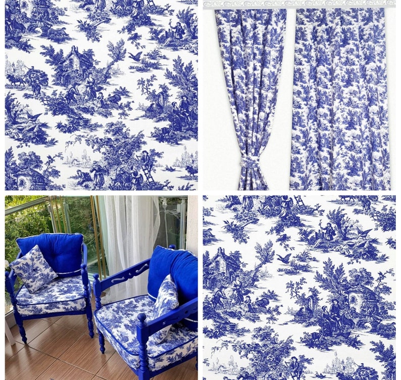May include: Two blue upholstered chairs with white and blue patterned fabric. The chairs have wooden legs and are set against a white wall with a window behind them. The fabric features a toile pattern with a repeating design of trees, houses, and figures.