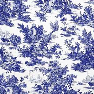 May include: Blue and white toile fabric with a repeating pattern of a French countryside scene. The pattern includes houses, trees, people, and animals.