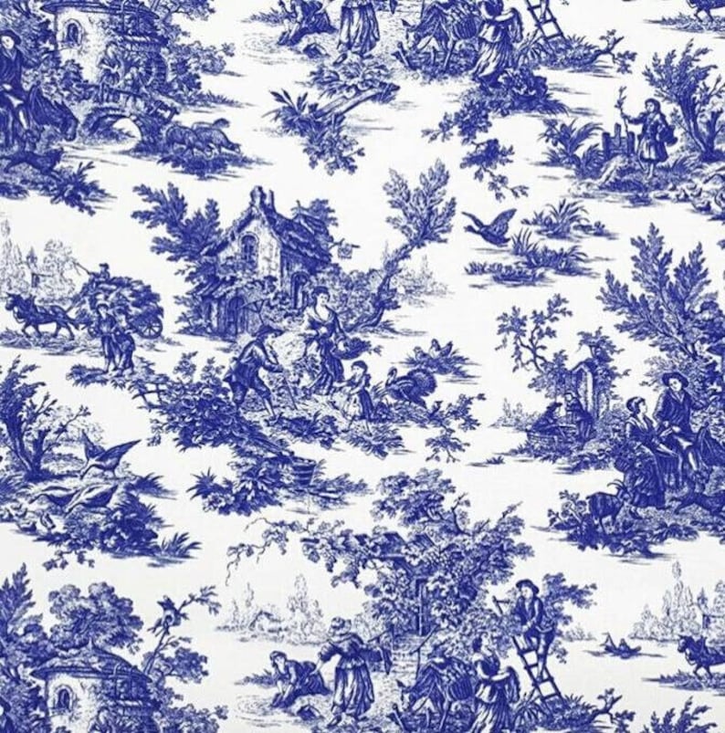 May include: Blue and white toile fabric with a repeating pattern of a French countryside scene. The pattern includes houses, trees, people, and animals.