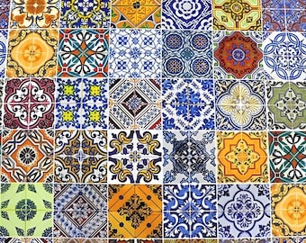 Portuguese Tiles Fabric, Geometric Majolica Print, Boho Home Decor