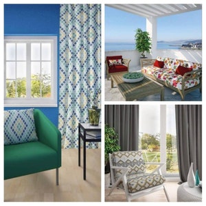 May include: A collage of interior and exterior spaces featuring a green armchair with a geometric patterned pillow, curtains with a blue and yellow diamond motif, a wooden patio sofa with floral cushions, and a white chair with patterned upholstery.