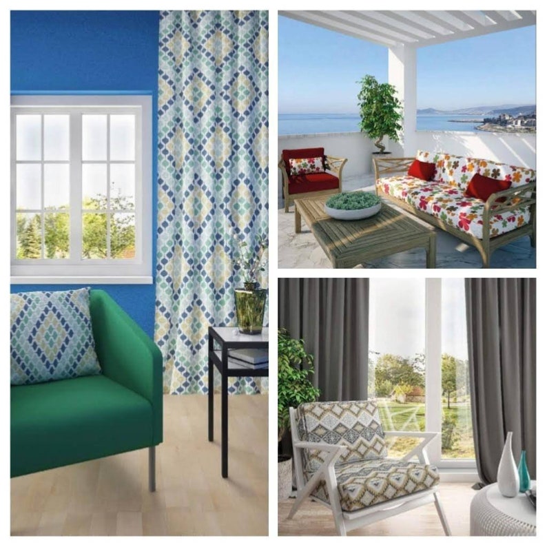 May include: A collage of interior and exterior spaces featuring a green armchair with a geometric patterned pillow, curtains with a blue and yellow diamond motif, a wooden patio sofa with floral cushions, and a white chair with patterned upholstery.