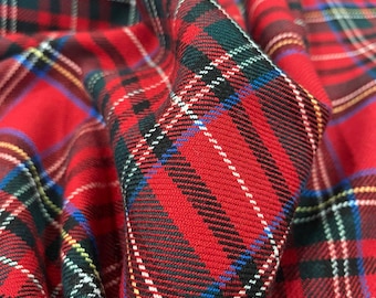 Royal Stewart Tartan Fabric by Yard, Red Plaid Gabardine Textile, Cotton Polyester Blend