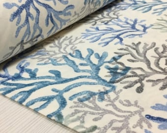 Blue Coral Reef Fabric, Coastal Cotton Canvas Upholstery, Marine Theme