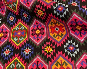 Colorful Kilim Upholstery Fabric, Navajo Aztec Print, Boho Decor