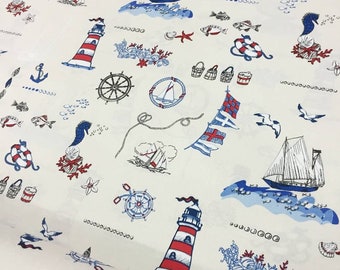 Nautische bekledingsstof, ankerprint vuurtorenzeilboot, katoencanvas op maat gesneden