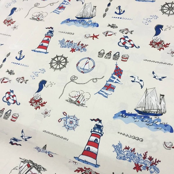 Marine Upholstery Fabric By Yard, Lighthouse Ocean Sea Seagulls Sailboat Anchor Fabric, Nautical Fabric for Nursery Decor, Kids Fabric