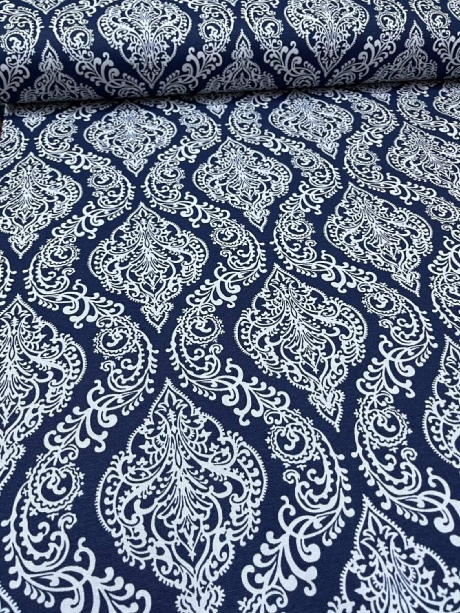 Navy Blue Damask Fabric by the Yard Cotton Canvas Upholstery Etsy