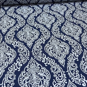Navy Blue Damask Fabric By The Yard, Cotton Canvas Upholstery Fabric for Chair Curtain Pillow Tablecloth