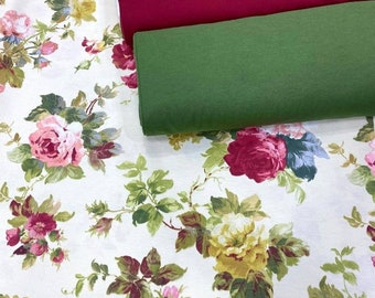 Vintage Floral Upholstery Fabric, Pink & Burgundy Roses, Romantic Cottagecore Style