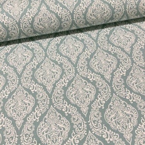 Mint Green Damask Fabric By The Yard, Cotton Canvas Upholstery Fabric for Chair Sofa Curtain Pillow, Water Repellent Outdoor Fabric