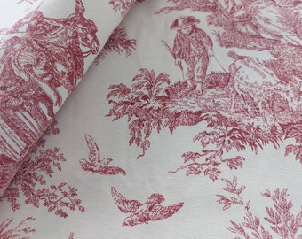 Antique Red Toile Fabric, French Farmhouse Cotton Canvas Upholstery, 70" Wide