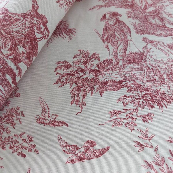 Antique Red Toile Upholstery Fabric by The Yard, Retro Fabric, Cotton Canvas Fabric for Chair Curtain Pillow, French Farmhouse Fabric