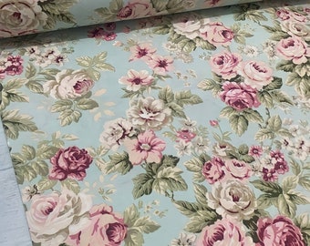 Aqua Floral Cotton Canvas Fabric, Shabby Chic Upholstery, 70" Wide