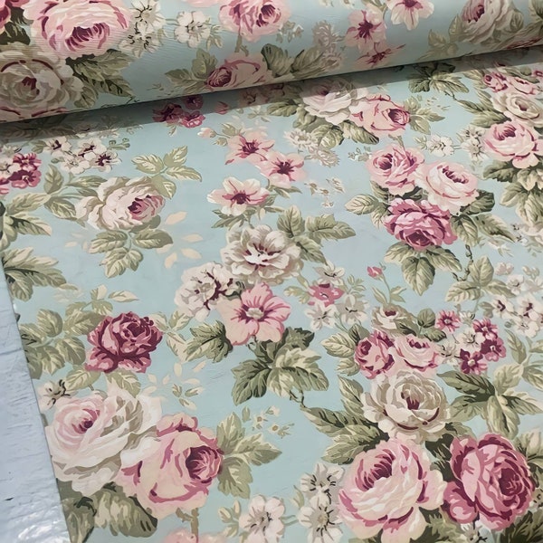 Aqua Shabby Chic Floral Fabric, Upholstery Fabric by Yard, Farmhouse Country Cottage Boho Fabric for Furniture Drapery, Cotton Canvas Fabric