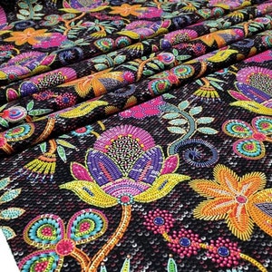Boho Upholstery Fabric By The Yard, Suzani Print Sequin Look Fabric, Floral Print Fabric for Chair Curtain Pillowcover Bedspread