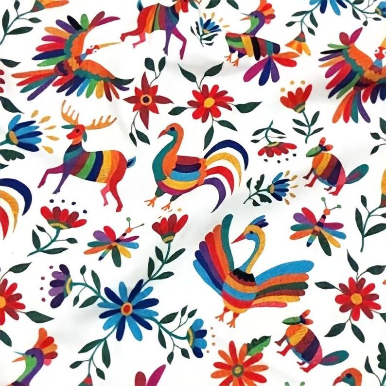 May include: A white fabric with a colorful Mexican folk art pattern. The pattern features deer, birds, and flowers in a rainbow of colors.