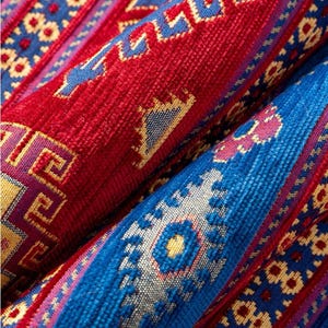 Red Blue Southwestern Geometric Aztec Navajo Boho Heavy Chenille Upholstery Fabric by The Yard for Chair Sofa Pillow Ottoman