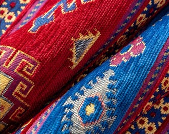 Red Blue Southwestern Chenille Upholstery Fabric, Geometric Aztec Navajo Boho By The Yard