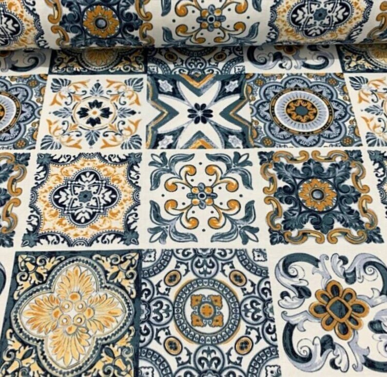 Moroccan Tile Upholstery Fabric, Cotton Canvas, Majolica Print by the ...