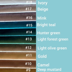 May include: A color chart showing 10 different fabric swatches with corresponding numbers and names. The colors include ivory, beige, mink, bright teal, hunter green, light forest green, light olive green, gold, camel, and deep mustard.