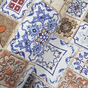 Tessuto di piastrelle portoghesi, mosaico di maiolica, tela di cotone idrorepellente