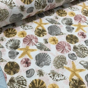 2 Colors Marine Sea Shells Starfish Upholstery Fabric by The Yard, Ocean Fabric for Curtain Pillow Tablecloth, Nautical Coastal Boho Fabric
