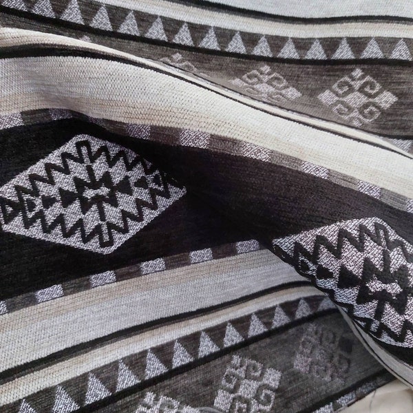 Southwest Navajo Rug Pattern Chair Sofa Pillow Bag Chenille Upholstery Fabric by The Yard, Black Beige Silver Gray Geometric Fabric