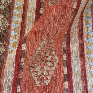 Geometric Southwest Navajo Boho Heavy Chenille Upholstery Fabric by The Yard, Terracotta Brown Gold Tapestry Tribal Fabric
