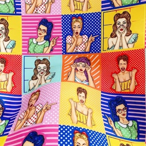 Pop Art Fabric, Comics Fabric, Digital Printed Upholstery Fabric for Chairs Sofas Benches Curtains, Retro Inspired Fabric