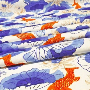 Watercolor Fabric By The Yard, Blue and Orange Japanese Fish Print Upholstery Fabric, Marine Home Decor Drapery Fabric for Chair Curtain DIY