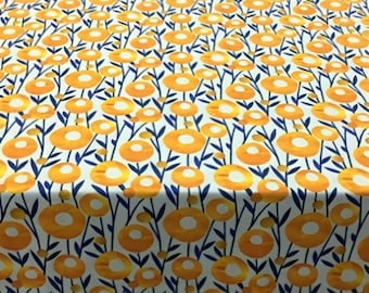 Boho Orange Blumen Stoff, Leinenoptik Polsterstoff Meterware