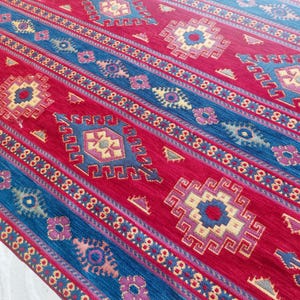 Red Blue Southwestern Geometric Aztec Navajo Boho Heavy Chenille Upholstery Fabric by The Yard for Chair Sofa Pillow Ottoman
