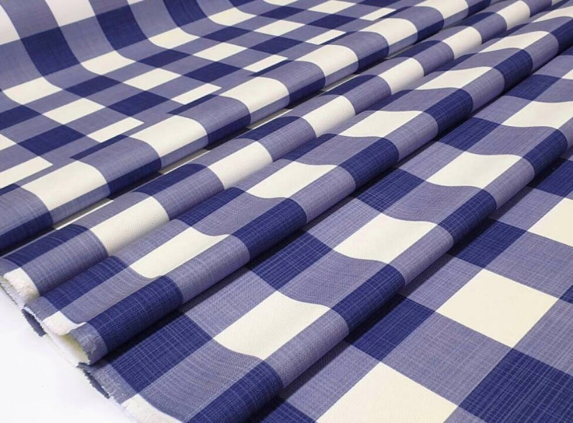 Steven Linens Blue & White Buffalo Check Fabric, Linen Look Plaid Material, 55