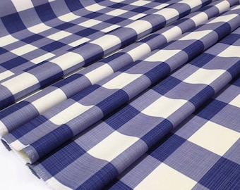 Blue & White Buffalo Check Fabric, Linen Look Plaid Material, 55" Wide